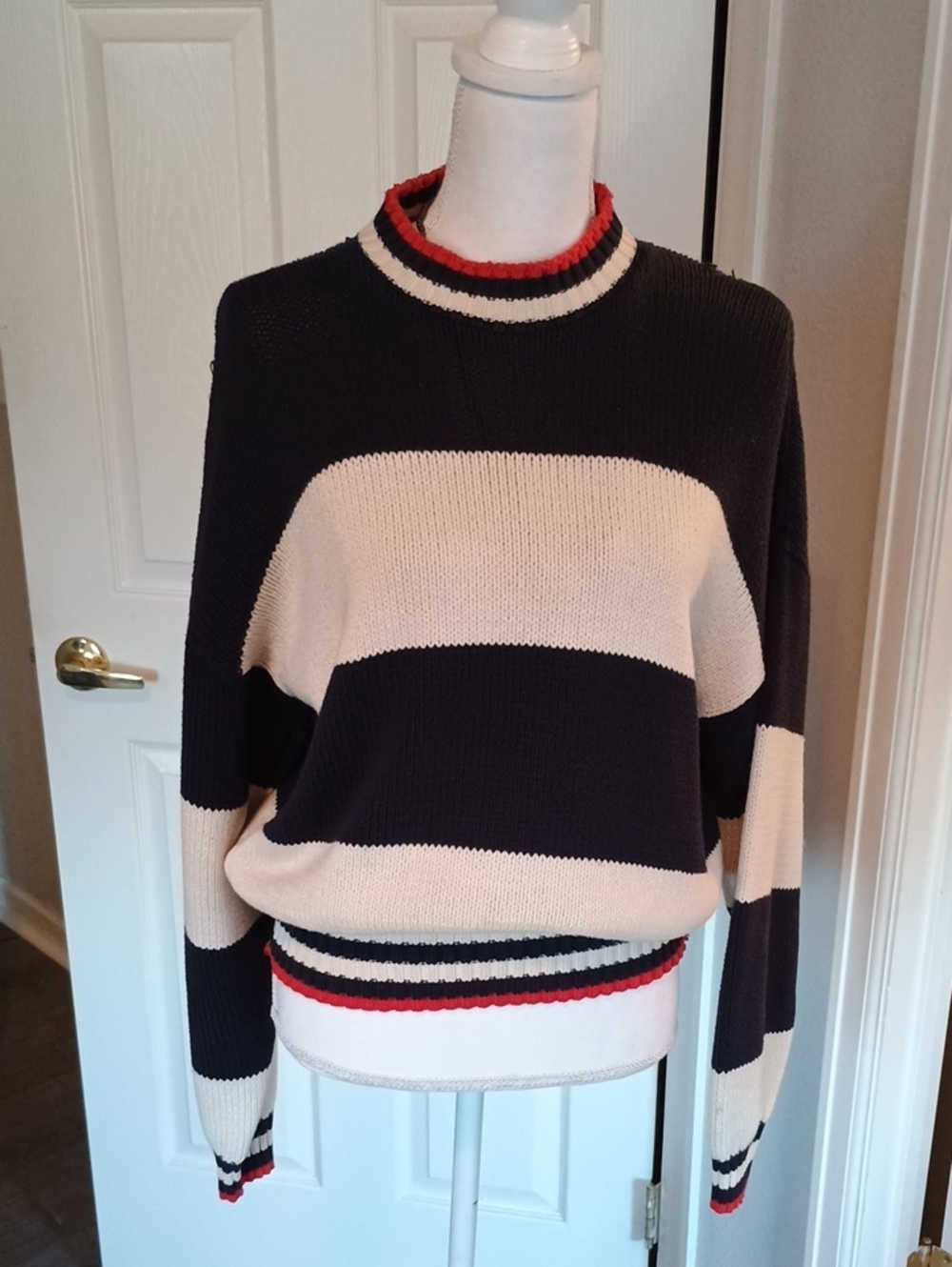 Striped Crewneck Sweater in Black, Cream & Red Trim